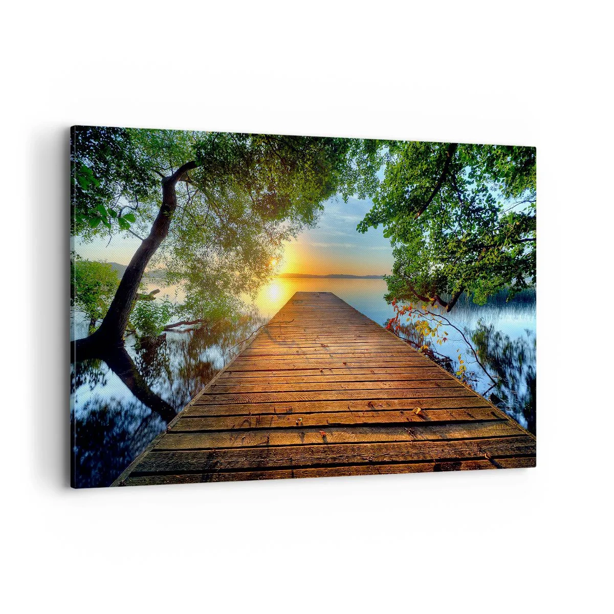 Impression sur toile - Image sur toile - Une jetée en bois entourée de verdure au coucher du soleil - 120x80cm - Prenez votre temps, asseyez-vous - Décoration murale moderne pour le salon et la chambre ARTTOR