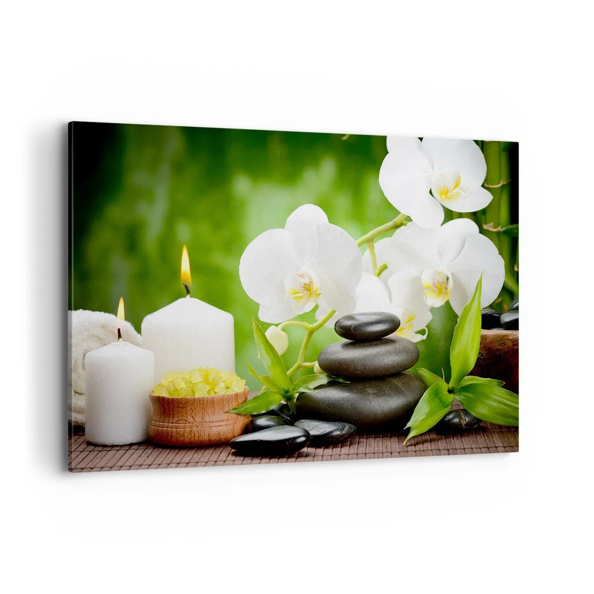 Impression sur toile - Image sur toile - Orchidées, bougies et pierres en pleine nature - 100x70cm - Doux, floral, toucher délicat - Décoration murale moderne pour le salon et la chambre ARTTOR