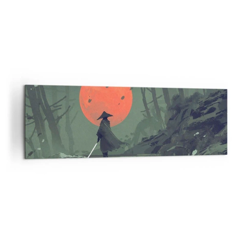 Impression sur toile - Image sur toile - Un guerrier solitaire avec une épée sur fond de lune rouge dans une forêt sombre. - 160x50cm - Guerrier de la lune rouge - Décoration murale moderne pour le salon et la chambre ARTTOR