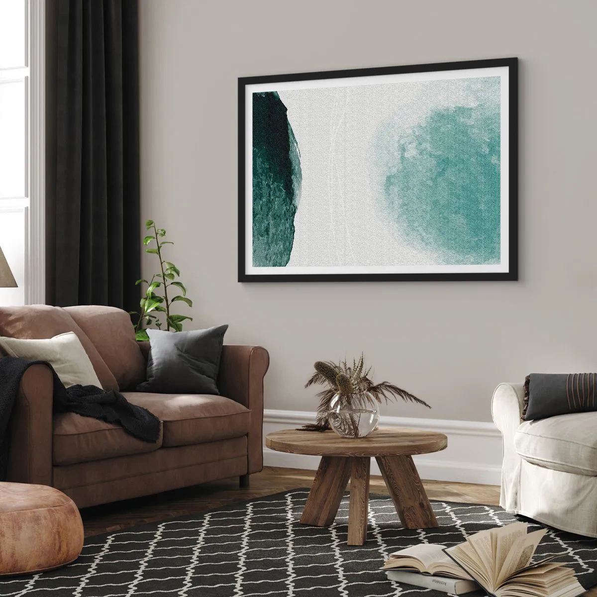 Affiche dans un cadre noir - Poster - Une délicate composition abstraite dans des tons de vert avec des formes subtiles sur un fond clair. - 70x50cm - Rencontre avec le brouillard - Décoration murale moderne pour le salon et la chambre ARTTOR