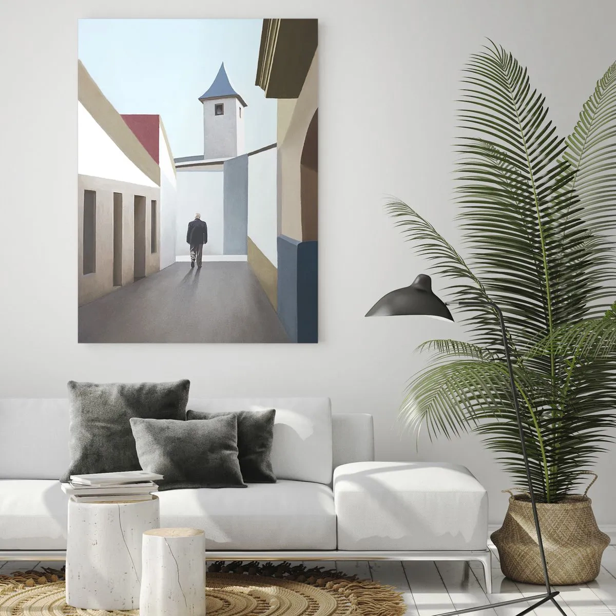 Impression sur verre - Image sur verre - Une rue au soleil avec une silhouette marchant au loin - 50x70cm - Une promenade ensoleillée - Décoration murale moderne pour le salon et la chambre ARTTOR
