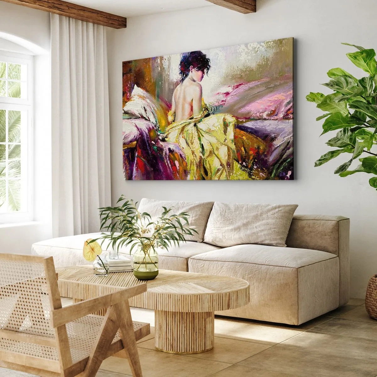 Impression sur toile - Image sur toile - Une scène picturale d'une femme sur un lit dans une atmosphère romantique - 120x80cm - Entre les lèvres et le bord de la tasse - Décoration murale moderne pour le salon et la chambre ARTTOR