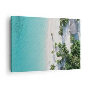 Impression sur toile - Image sur toile - Vue plongeante sur une plage tropicale avec de l'eau turquoise et des palmiers - 70x50cm - Vacances au paradis - Décoration murale moderne pour le salon et la chambre ARTTOR