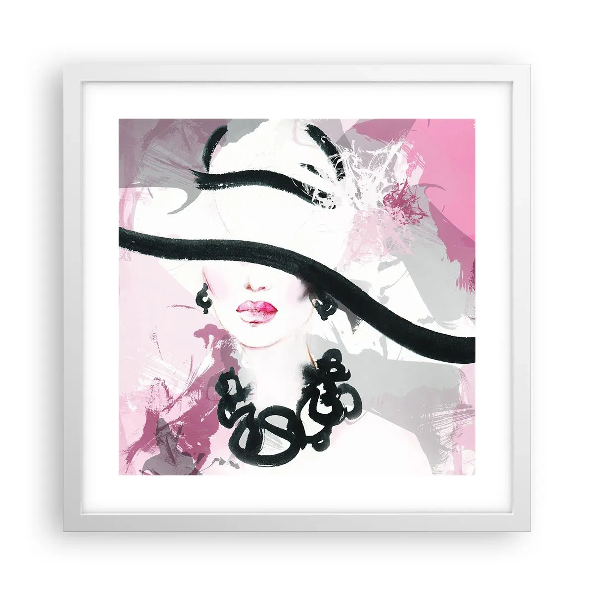 Affiche dans un cadre blanc - Poster - Portrait d'une dame en noir et rose - 40x40 cm