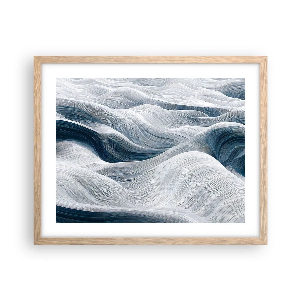 Affiche dans un chêne clair - Poster - Vagues blanches et bleues - 50x40 cm