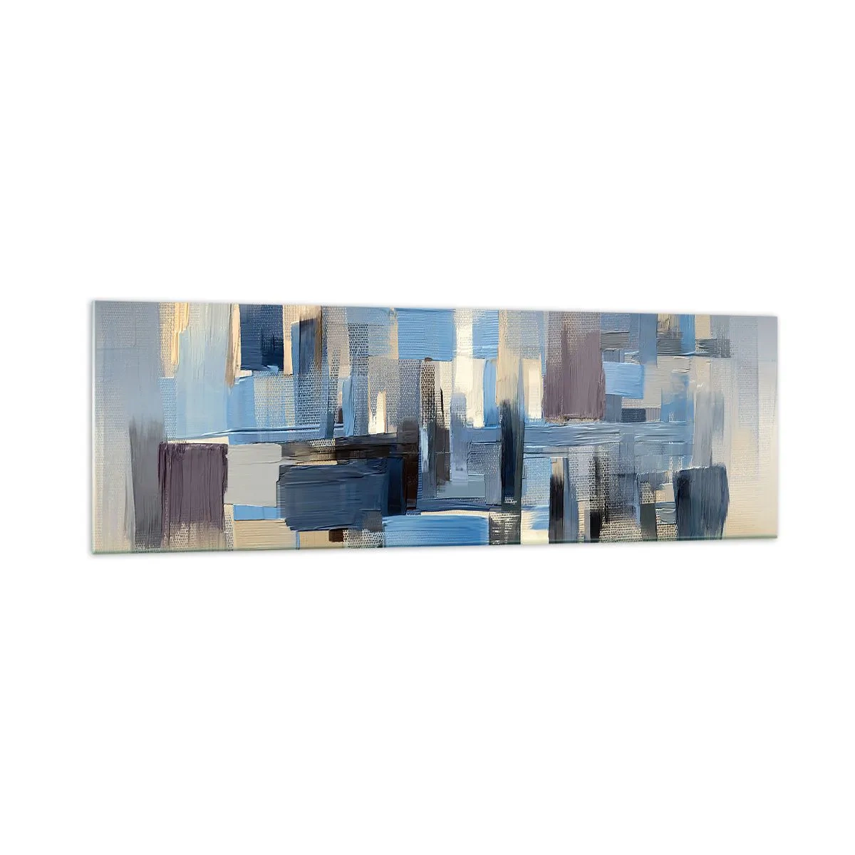 Impression sur verre - Image sur verre - Formes géométriques dans les tons de bleu et de beige - 160x50cm - Construction bleue - Décoration murale moderne pour le salon et la chambre ARTTOR