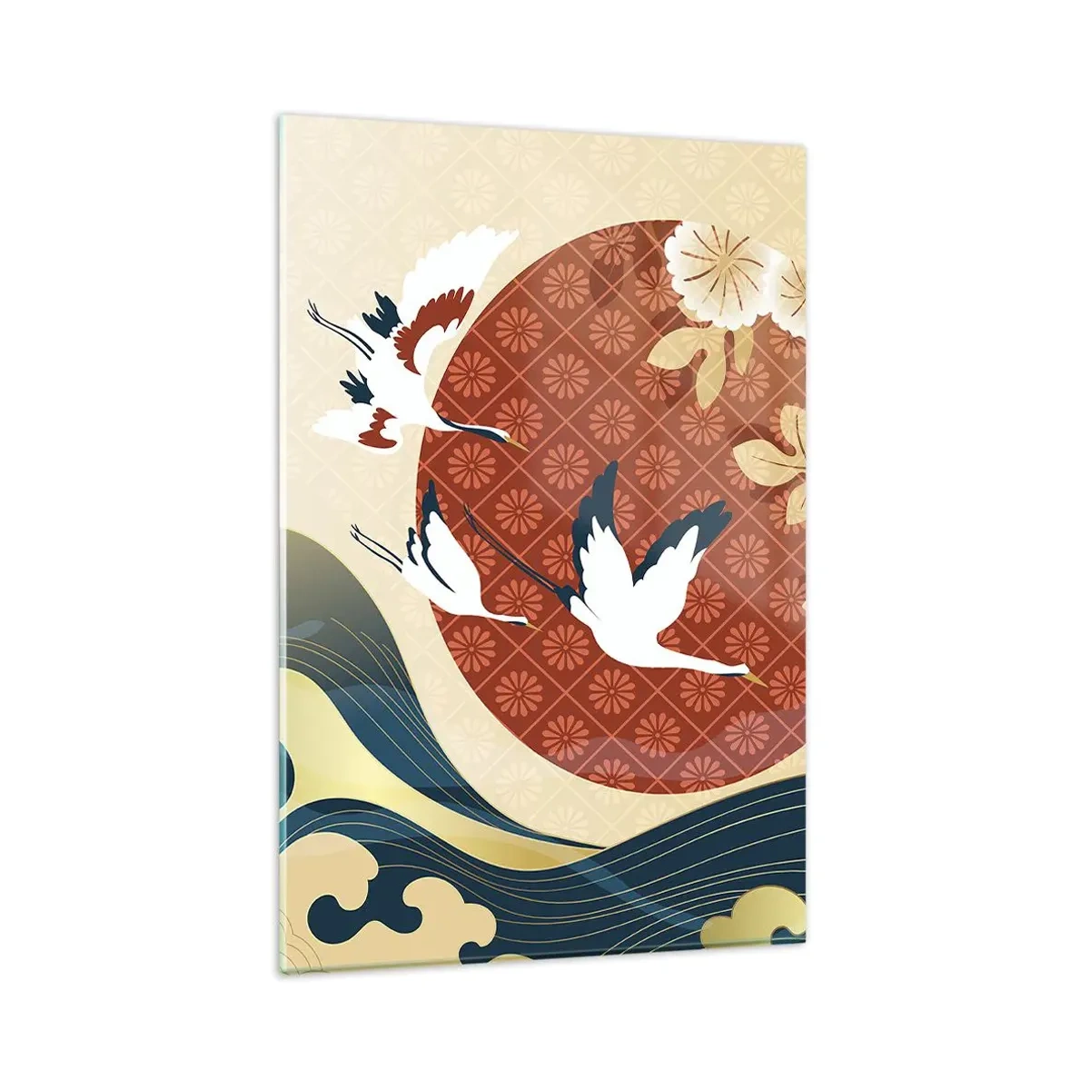 Impression sur verre - Image sur verre - Composition japonaise avec des grues et des vagues - 80x120cm - Conte japonnais - Décoration murale moderne pour le salon et la chambre ARTTOR