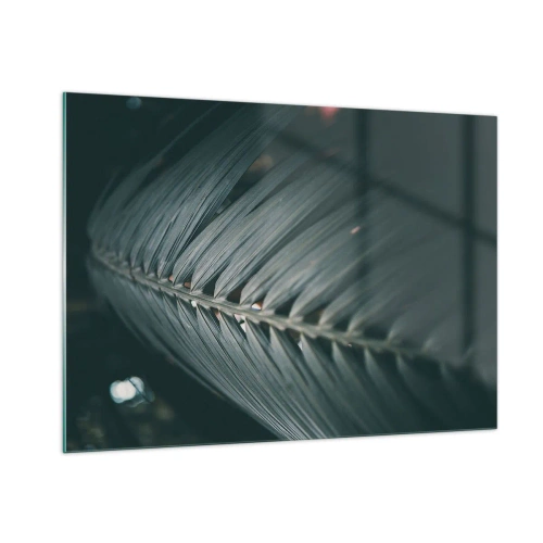 Impression sur verre - Image sur verre - Gros plan d'une feuille de palmier vert foncé avec reflet lumineux - 100x70cm - Précision de la nature - Décoration murale moderne pour le salon et la chambre ARTTOR