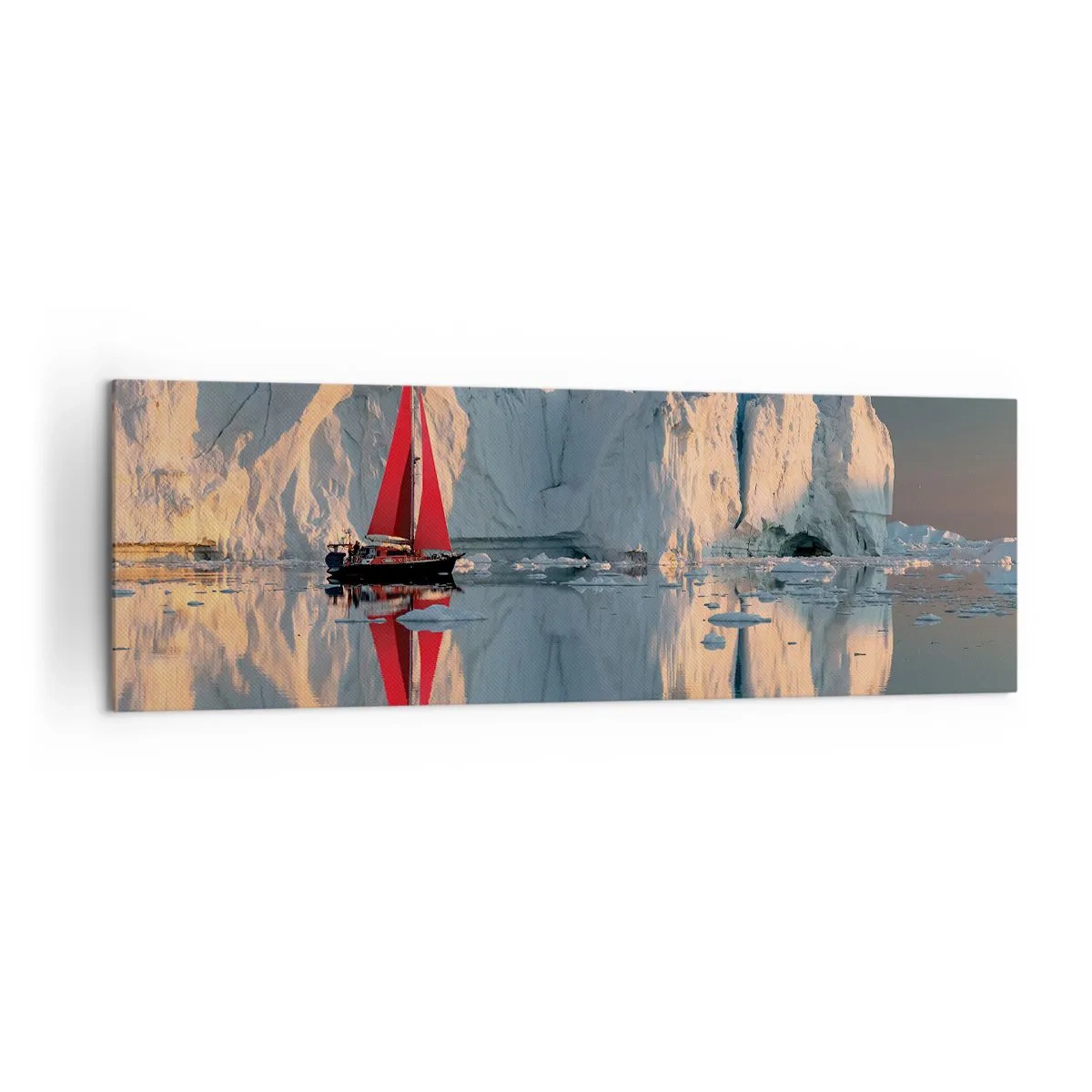Impression sur toile - Image sur toile - Un voilier avec une voile rouge sur fond de glacier - 160x50cm - Aux limites du monde - Décoration murale moderne pour le salon et la chambre ARTTOR