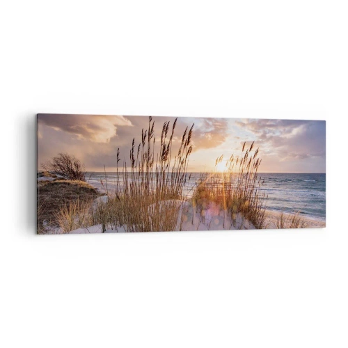 Impression sur toile - Image sur toile - Dunes avec des herbes sur fond de soleil couchant - 140x50cm - Salutations du soleil et du vent - Décoration murale moderne pour le salon et la chambre ARTTOR