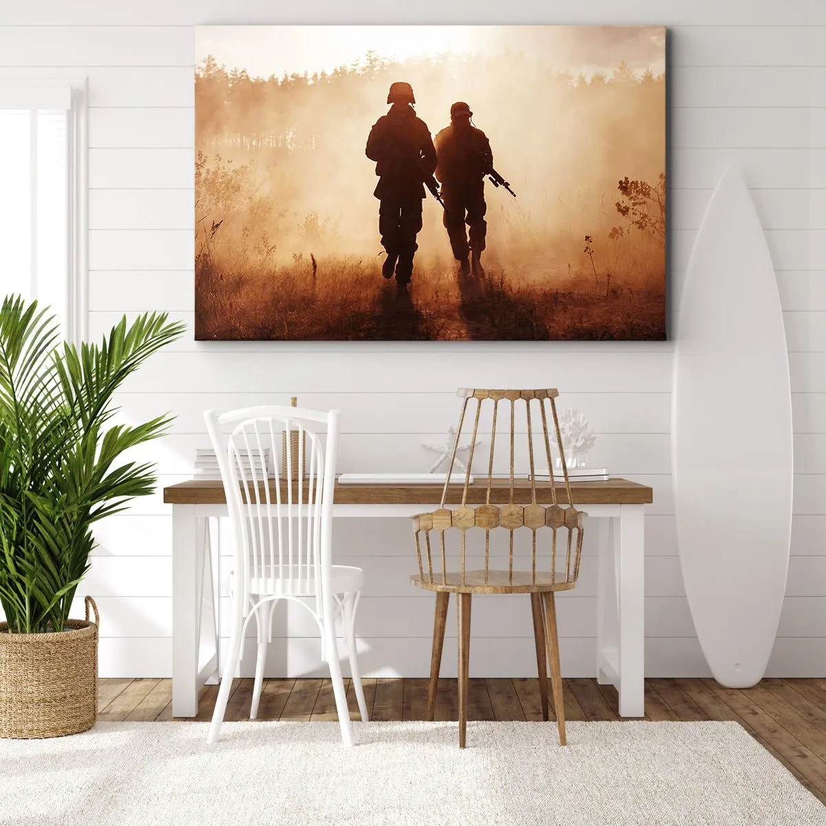 Impression sur toile - Image sur toile - Des soldats marchant dans le brouillard matinal sur fond de nature - 120x80cm - Call of Duty - Décoration murale moderne pour le salon et la chambre ARTTOR