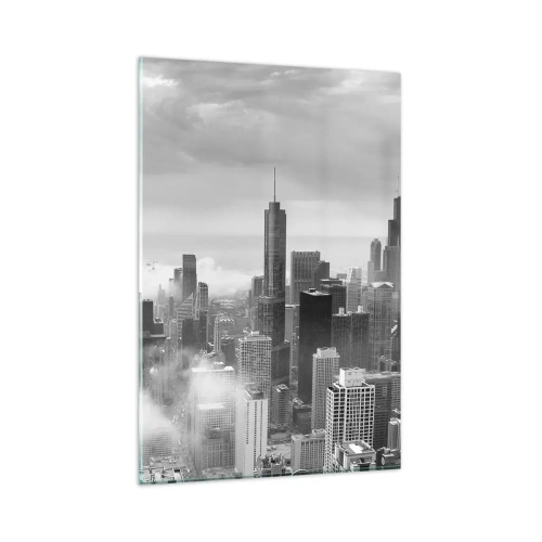 Impression sur verre - Image sur verre - Panorama de la ville avec des gratte-ciels dans les nuages en noir et blanc - 80x120cm - Paysage américain - Décoration murale moderne pour le salon et la chambre ARTTOR