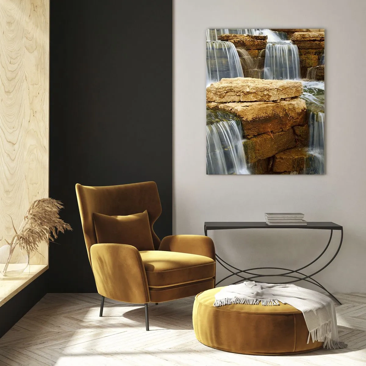 Impression sur verre - Image sur verre - Une cascade qui coule sur des marches de pierre - 70x100cm - Escalier vers le ciel - Décoration murale moderne pour le salon et la chambre ARTTOR