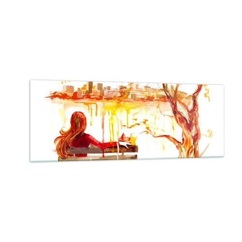 Impression sur verre - Image sur verre - Scène à l'aquarelle d'une femme sur un banc surplombant la ville - 140x50cm - Un moment de réflexion - Décoration murale moderne pour le salon et la chambre ARTTOR
