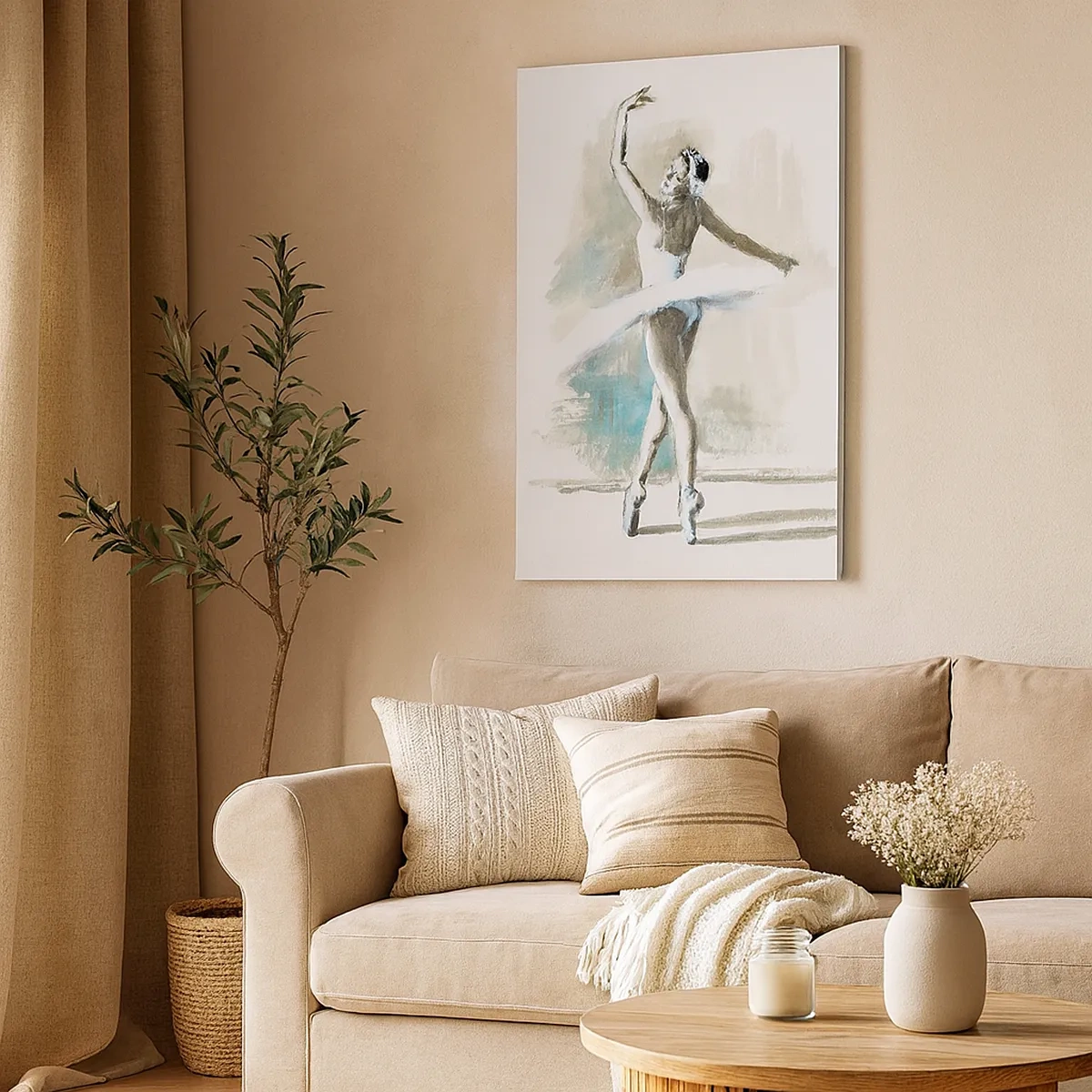 Impression sur toile - Image sur toile - Une danseuse de ballet dans une pose de ballet sur un fond de tons aquarelle délicats. - 50x70cm - Enchantement du cygne - Décoration murale moderne pour le salon et la chambre ARTTOR