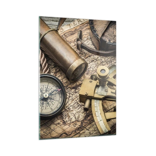 Impression sur verre - Image sur verre - Boussole, carte et aides à la navigation de style rétro - 50x70cm - Fixer un cap - Décoration murale moderne pour le salon et la chambre ARTTOR