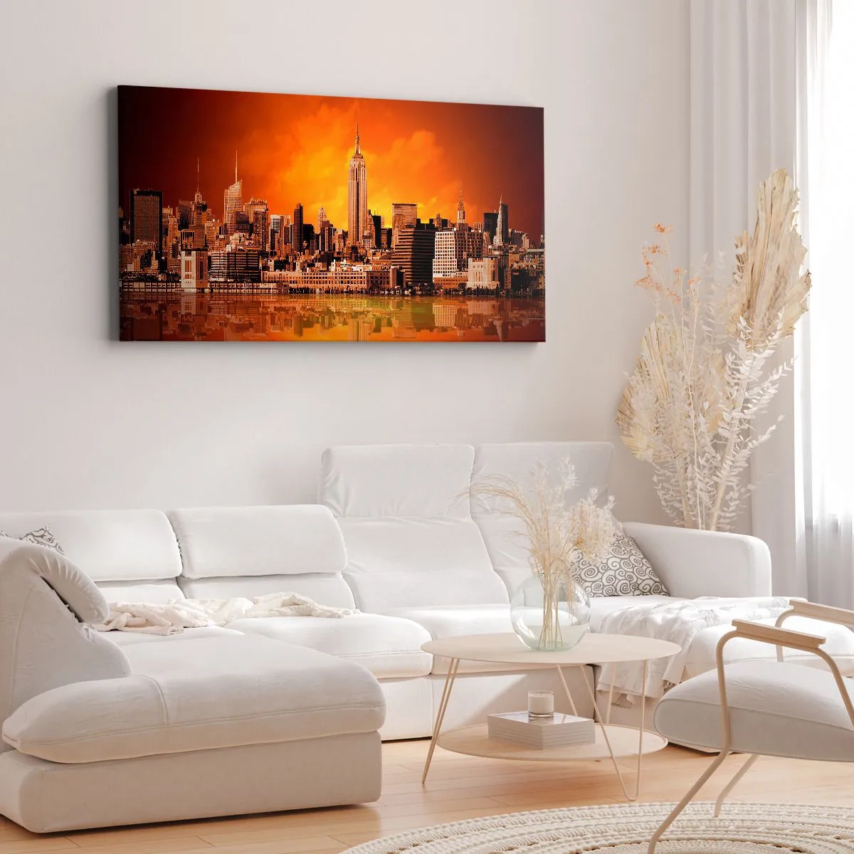 Impression sur toile - Image sur toile - Panorama de la ville au coucher du soleil avec les bâtiments se reflétant dans l'eau - 160x50cm - Panorama de grande ville en jaune et bronze - Décoration murale moderne pour le salon et la chambre ARTTOR
