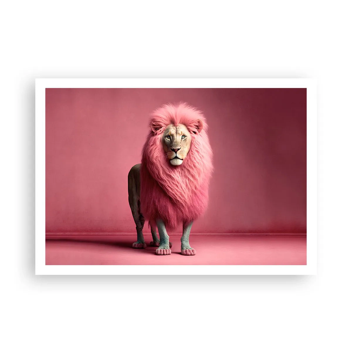Affiche - Poster - Un lion rendu artistiquement avec une crinière rose sur un fond rose - 100x70cm - Et tu n'as plus peur - Décoration murale moderne pour le salon et la chambre ARTTOR
