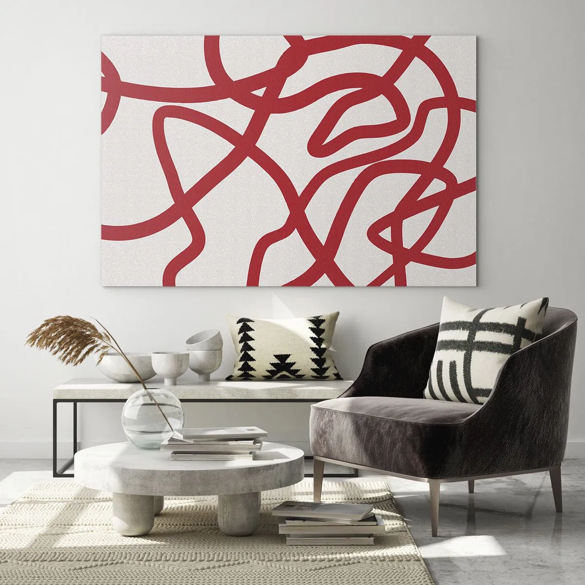 Impression sur verre - Image sur verre - Lignes rouges tourbillonnant dynamiquement sur un fond blanc - 100x70cm - Rouge sur blanc - Décoration murale moderne pour le salon et la chambre ARTTOR