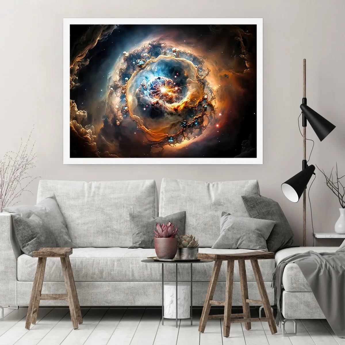 Affiche - Poster - Une vision abstraite d'une explosion cosmique dans des tons d'or et de bleu. - 100x70cm - Le début - Décoration murale moderne pour le salon et la chambre ARTTOR