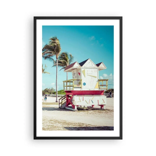 Affiche dans un cadre noir - Poster - Un poste de sauveteur coloré sur une plage avec des palmiers et un ciel bleu - 50x70cm - Une belle journée devant toi - Décoration murale moderne pour le salon et la chambre ARTTOR
