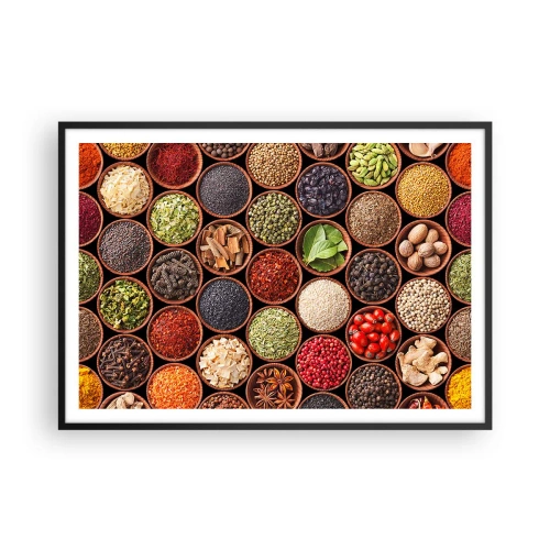 Affiche dans un cadre noir - Poster - Épices colorées dans des récipients ronds - 100x70cm - Toutes les saveurs du monde - Décoration murale moderne pour le salon et la chambre ARTTOR