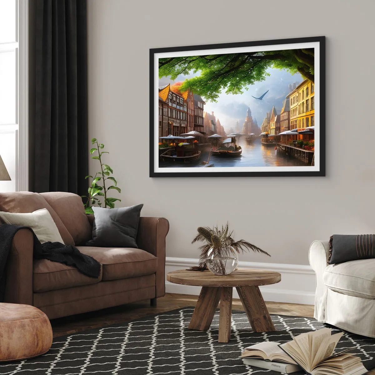 Affiche dans un cadre noir - Poster - Un paysage hollandais pittoresque avec un canal et des maisons de rapport - 70x50cm - Paysage urbain néerlandais - Décoration murale moderne pour le salon et la chambre ARTTOR
