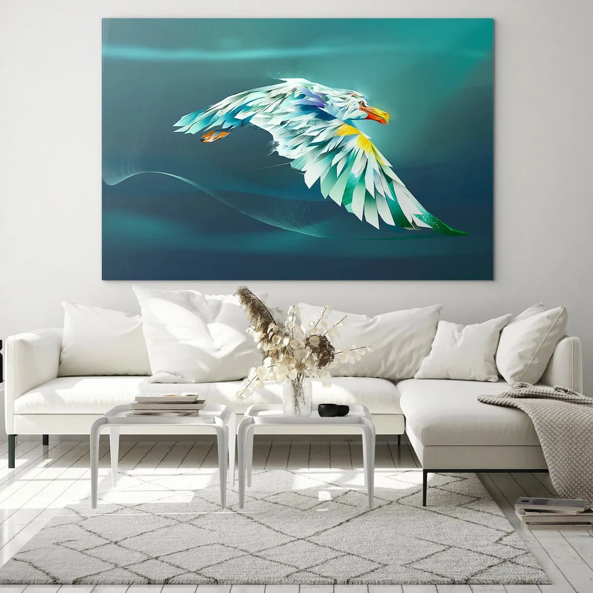 Impression sur verre - Image sur verre - Une image abstraite d'un aigle dans des tons de bleu et de blanc sur un fond de vagues. - 100x70cm - Aigle, puissance de tes vols - Décoration murale moderne pour le salon et la chambre ARTTOR