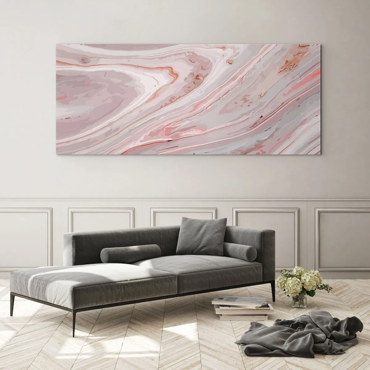 Impression sur verre - Image sur verre - Vagues abstraites dans des tons délicats de rose et de beige - 140x50cm - Rose liquide - Décoration murale moderne pour le salon et la chambre ARTTOR