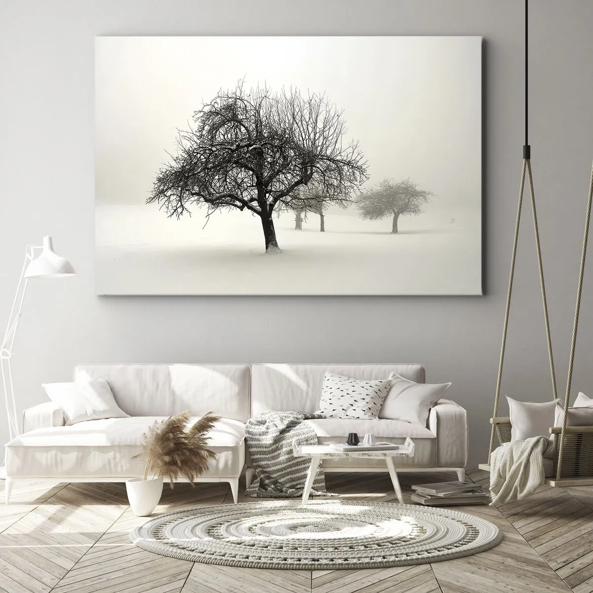 Impression sur toile - Image sur toile - Arbres dans un champ enneigé entouré de brouillard - 120x80cm - Un rêve hivernal - Décoration murale moderne pour le salon et la chambre ARTTOR
