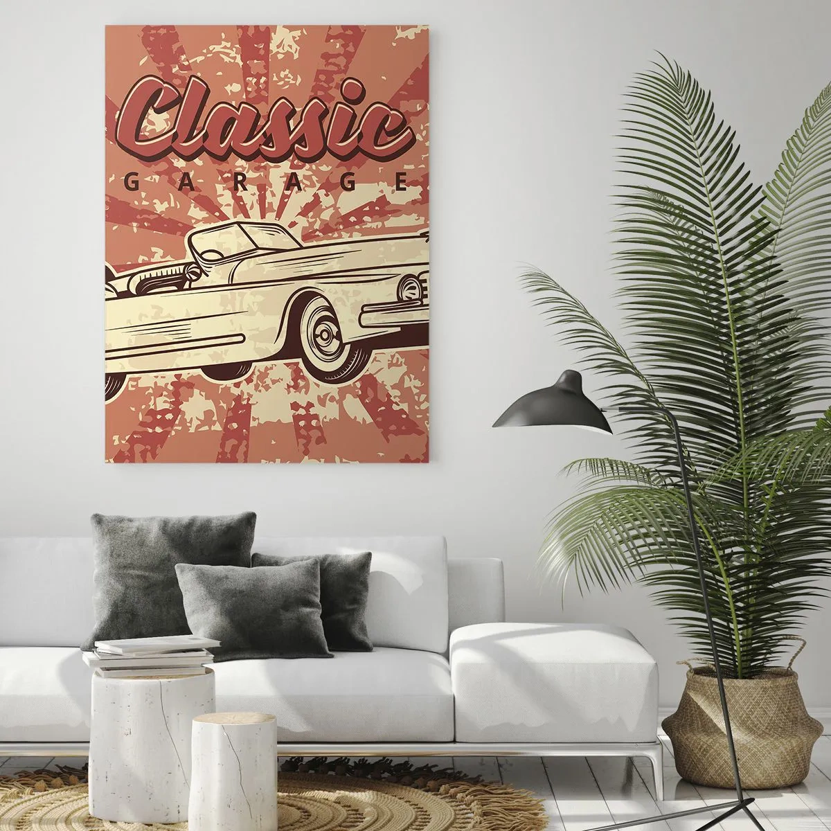 Impression sur verre - Image sur verre - Affiche rétro avec une voiture classique et les mots Classic Garage - 70x100cm - Et à la radio, Elvis - Décoration murale moderne pour le salon et la chambre ARTTOR