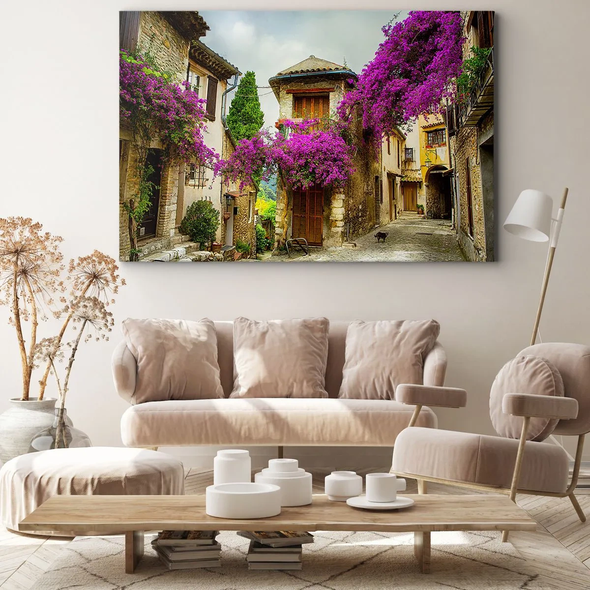 Impression sur toile - Image sur toile - Une rue en pierre avec des fleurs roses et des maisons - 100x70cm - Sous un dais fleuri - Décoration murale moderne pour le salon et la chambre ARTTOR