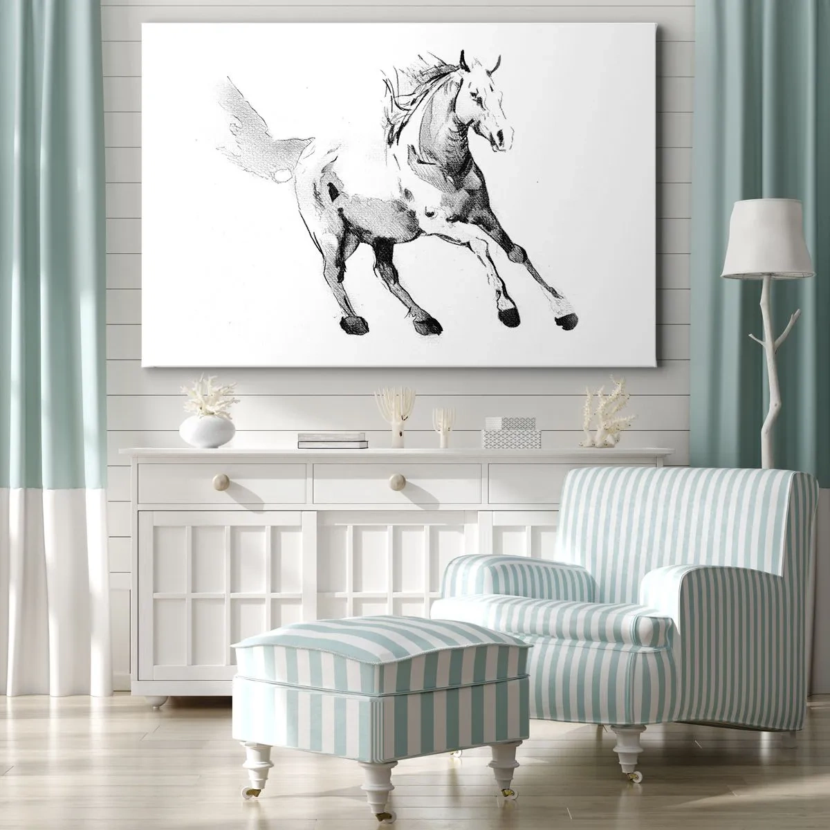 Impression sur toile - Image sur toile - Croquis d'un cheval au galop dans des tons de noir et blanc - 70x50cm - Âme indomptée - Décoration murale moderne pour le salon et la chambre ARTTOR