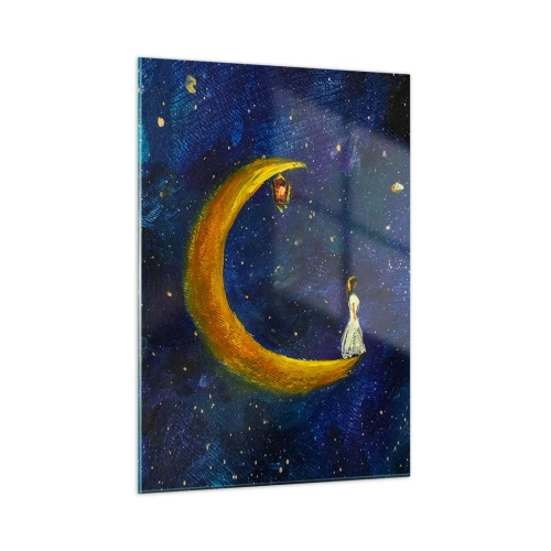 Impression sur verre - Image sur verre - Une figure sur la lune dans le ciel nocturne - 50x70cm - Appel du monde - Décoration murale moderne pour le salon et la chambre ARTTOR