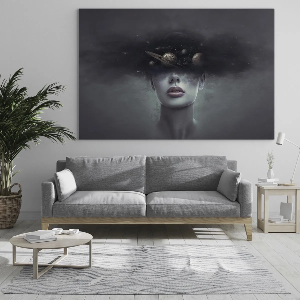 Impression sur verre - Image sur verre - Une femme avec des planètes pour tête dans une composition surréaliste - 70x50cm - Et les planètes deviennent folles... - Décoration murale moderne pour le salon et la chambre ARTTOR