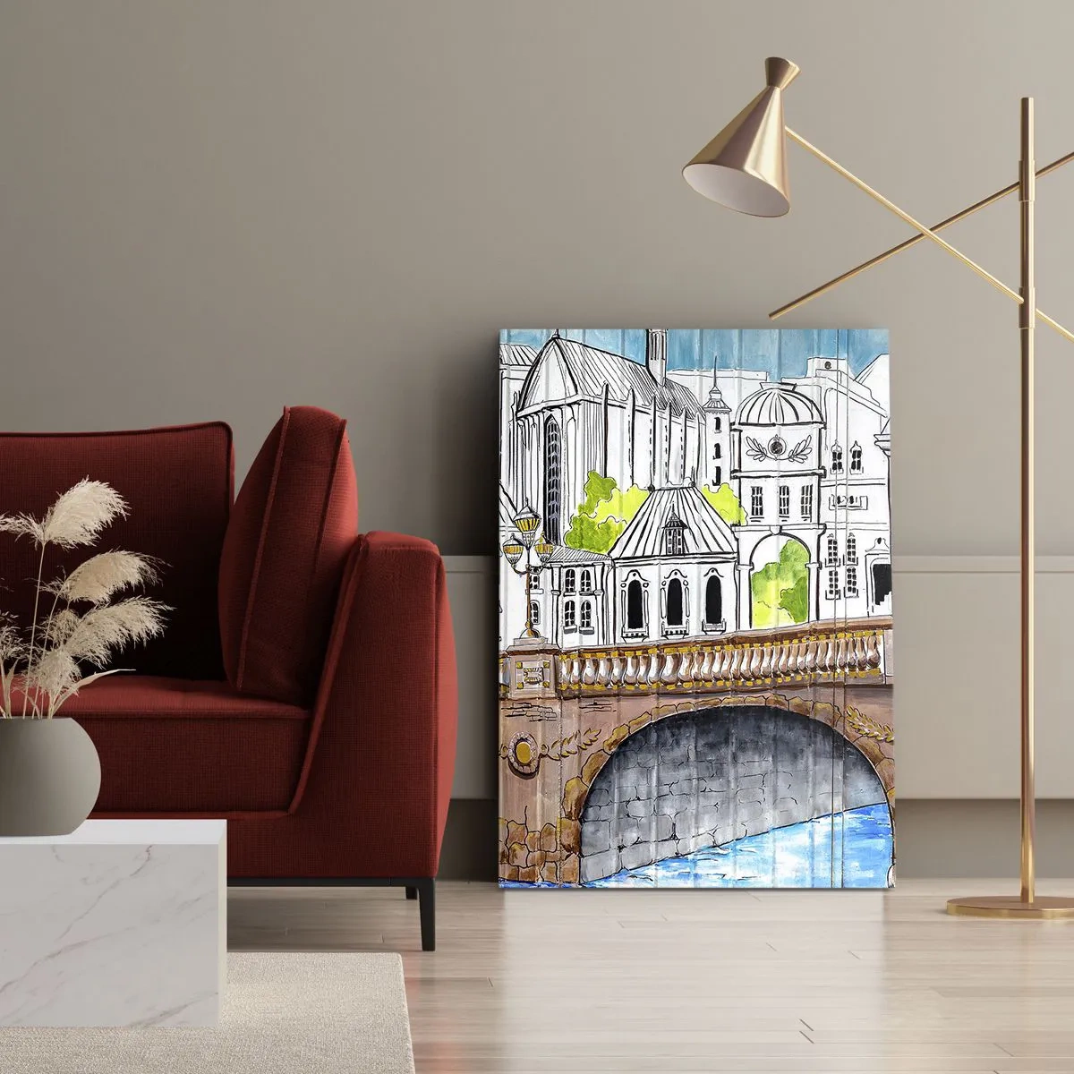 Impression sur toile - Image sur toile - Dessin du pont et de l'architecture urbaine historique - 80x120cm - Une ville comme peinte - Décoration murale moderne pour le salon et la chambre ARTTOR