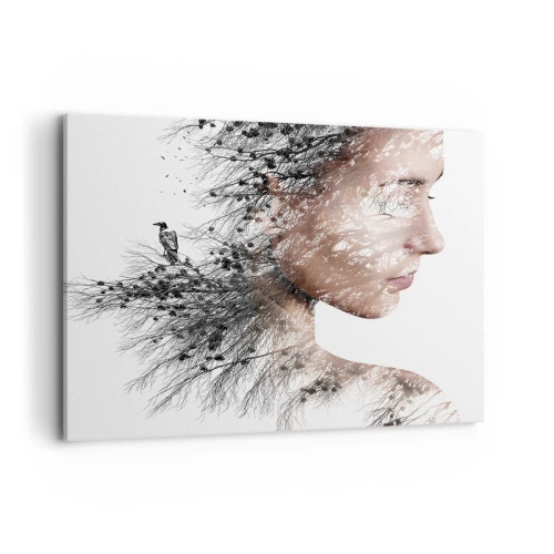 Impression sur toile - Image sur toile - Silhouette d'une femme avec un motif de branche et d'oiseau en arrière-plan - 100x70cm - L'âme de la forêt - Décoration murale moderne pour le salon et la chambre ARTTOR
