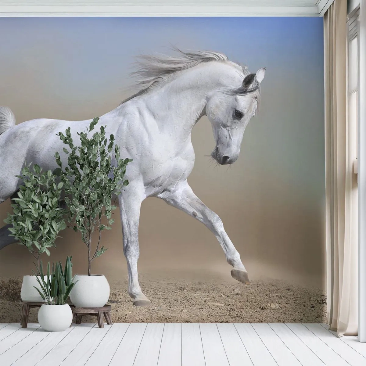 Papier Peint Photo Premium Sand - Un cheval blanc galopant sur un fond de désert - 100x70cm - Le plus beau conte de fées arabe - Décoration murale moderne pour le salon et la chambre ARTTOR