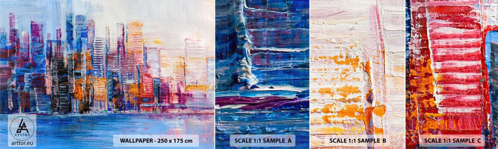 Échantillon de Papier Peint Autocollant Deluxe Sticker - Une métropole joyeuse - Ville, Architecture, Grattes ciels - 100x30 cm