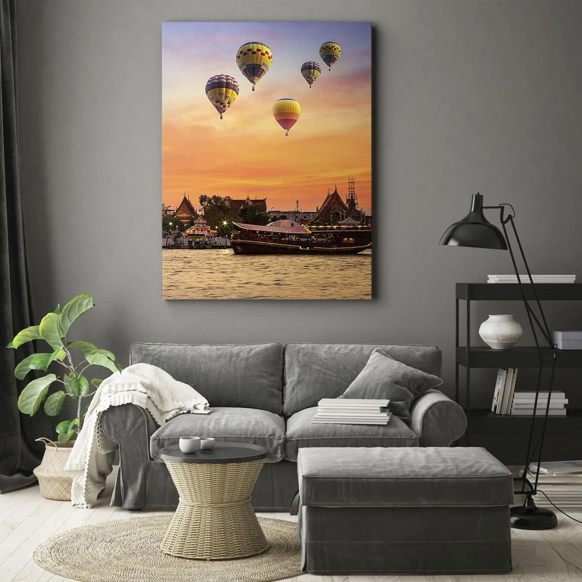 Impression sur toile - Image sur toile - Un temple et des ballons sur fond de soleil couchant sur la rivière - 70x100cm - C'est ici que naissent les contes de fées - Décoration murale moderne pour le salon et la chambre ARTTOR