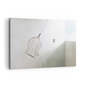 Impression sur toile - Image sur toile - Un oiseau libéré d'une cage sur fond de ciel lumineux - 120x80cm - Dans son élément - Décoration murale moderne pour le salon et la chambre ARTTOR