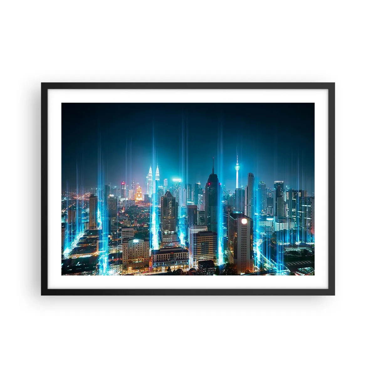 Affiche dans un cadre noir - Poster - Une ville moderne la nuit avec des accents d'éclairage futuristes. - 70x50cm - À Berlin au paradis - Décoration murale moderne pour le salon et la chambre ARTTOR