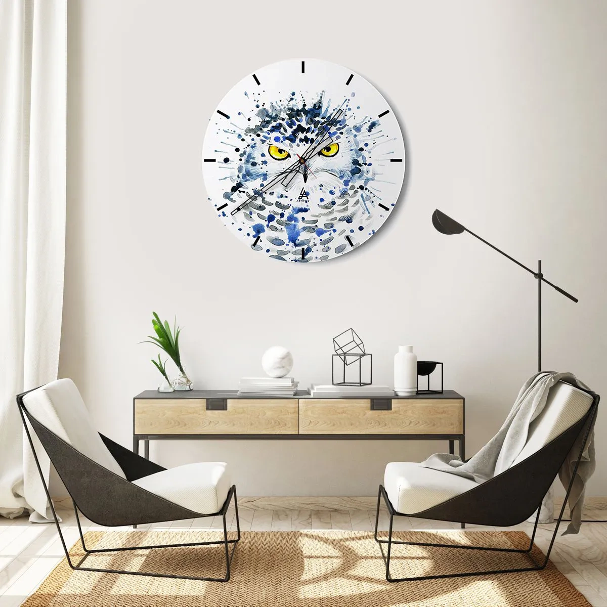 Horloge murale - Pendule murale - Chouette de style aquarelle aux yeux jaunes intenses - 30x30cm - Droit dans les yeux - Décoration murale moderne pour le salon, la cuisine et la chambre ARTTOR