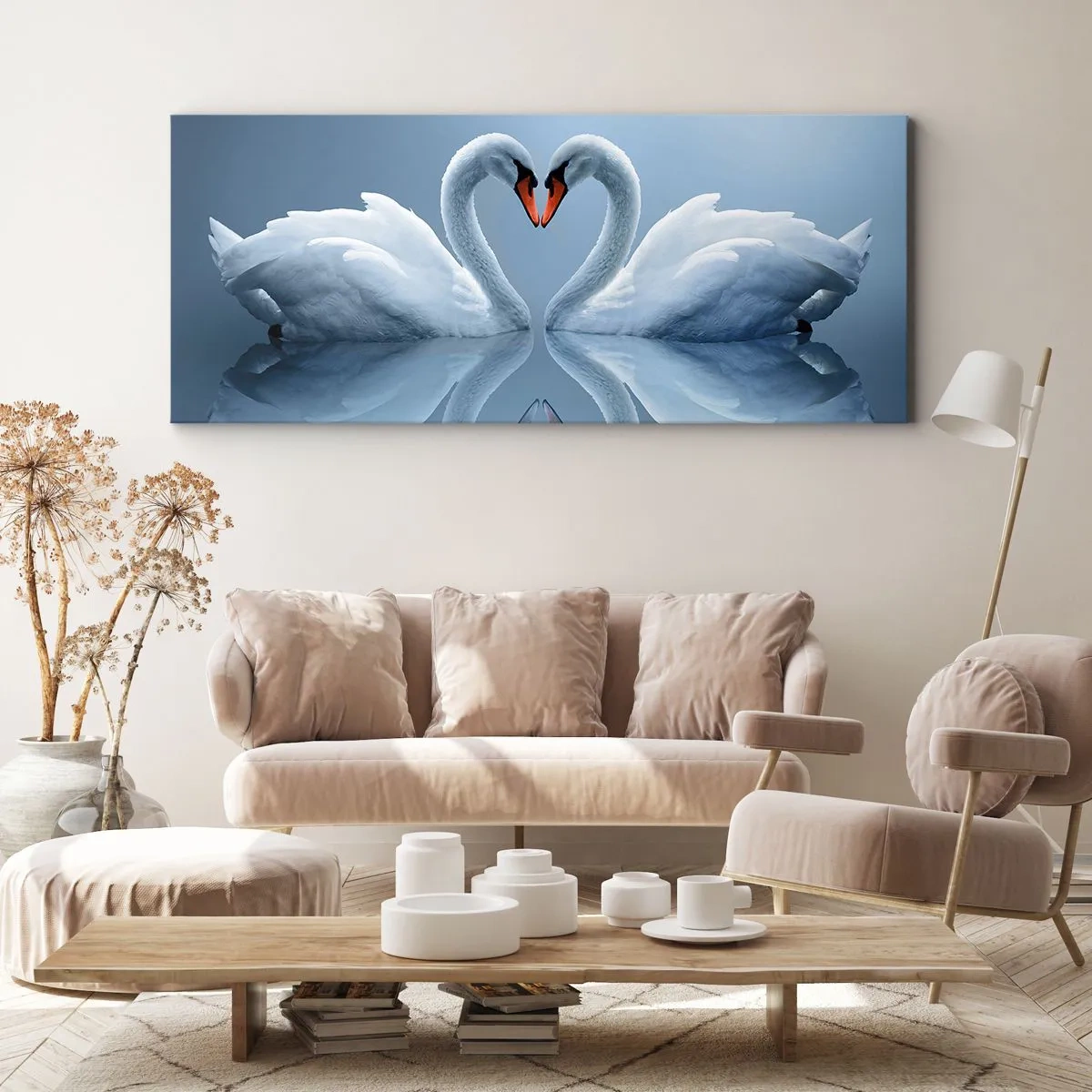 Impression sur toile - Image sur toile - Deux cygnes formant un cœur sur une surface d'eau calme - 120x50cm - Le temps de l'amour - Décoration murale moderne pour le salon et la chambre ARTTOR