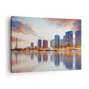 Impression sur toile - Image sur toile - Panorama des bâtiments modernes et de la Tour Eiffel au-dessus de l'eau - 70x50cm - La tranquillité monumentale de Paris - Décoration murale moderne pour le salon et la chambre ARTTOR