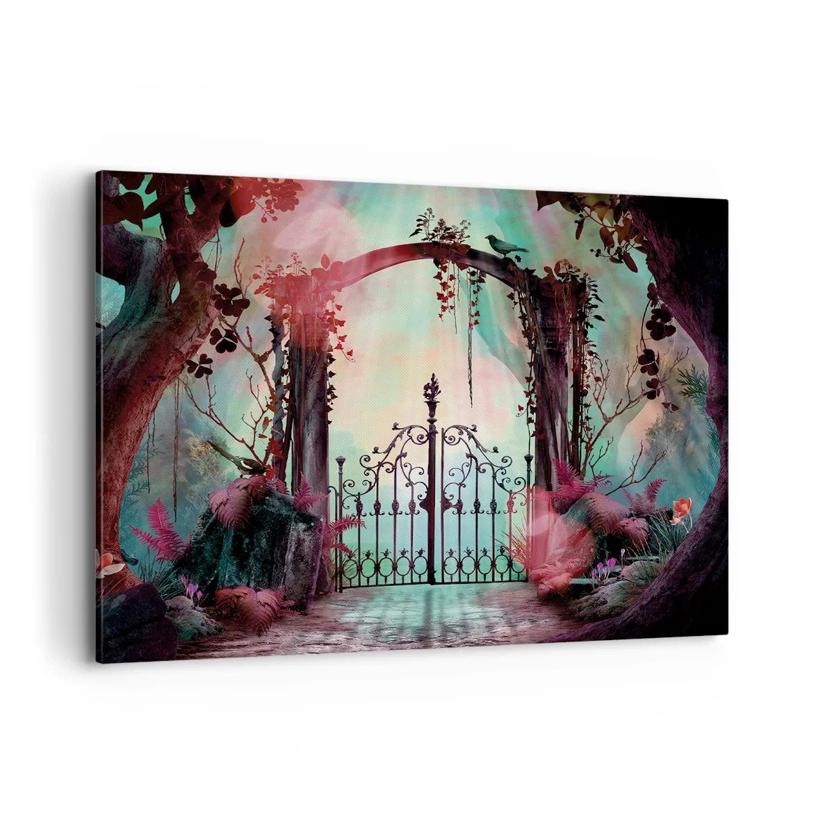 Impression sur toile - Image sur toile - Une entrée magique avec un portail en fer forgé entouré d'une végétation mystérieuse - 100x70cm - Jardin secret - Décoration murale moderne pour le salon et la chambre ARTTOR