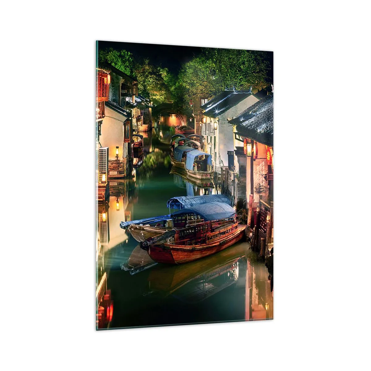 Impression sur verre - Image sur verre - Vue nocturne des canaux avec bateaux et maisons traditionnels - 70x100cm - Soirée dans une rue chinoise - Décoration murale moderne pour le salon et la chambre ARTTOR