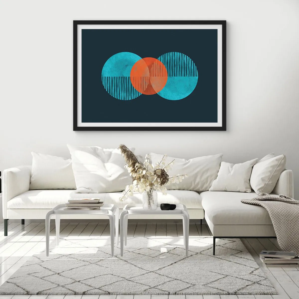 Affiche dans un cadre noir - Poster - Cercles géométriques dans les tons bleu et orange - 100x70cm - Composition symétrique - Décoration murale moderne pour le salon et la chambre ARTTOR