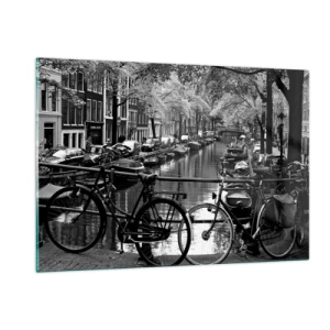 Impression sur verre - Image sur verre - Vue en noir et blanc d'un canal avec des vélos et des bateaux - 120x80cm - Une vue très hollandaise - Décoration murale moderne pour le salon et la chambre ARTTOR