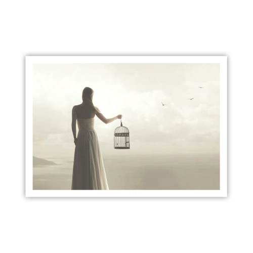 Affiche - Poster - Une femme avec une cage contre un ciel calme - 100x70cm - Soi libre - Décoration murale moderne pour le salon et la chambre ARTTOR
